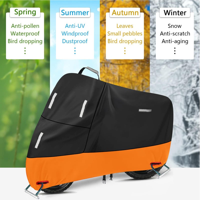 SECELES Motorcycle Covers Waterproof Outdoor Storage All Season UV-Resistant Funda para Moto for Honda Kawasaki Z900 RS Yamaha V-Star R3 R7, Windproof Buckles (XXL 86"" x 37"" x 50"", Black & Orange) - Image 5